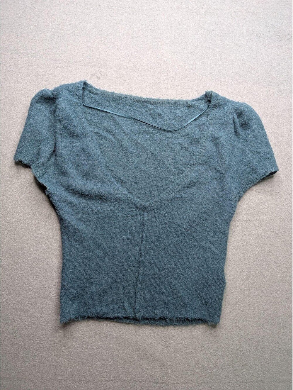 Free People Sweater Womens S Blue V Neck Short Sleeve Cropped Fuzzy Knit